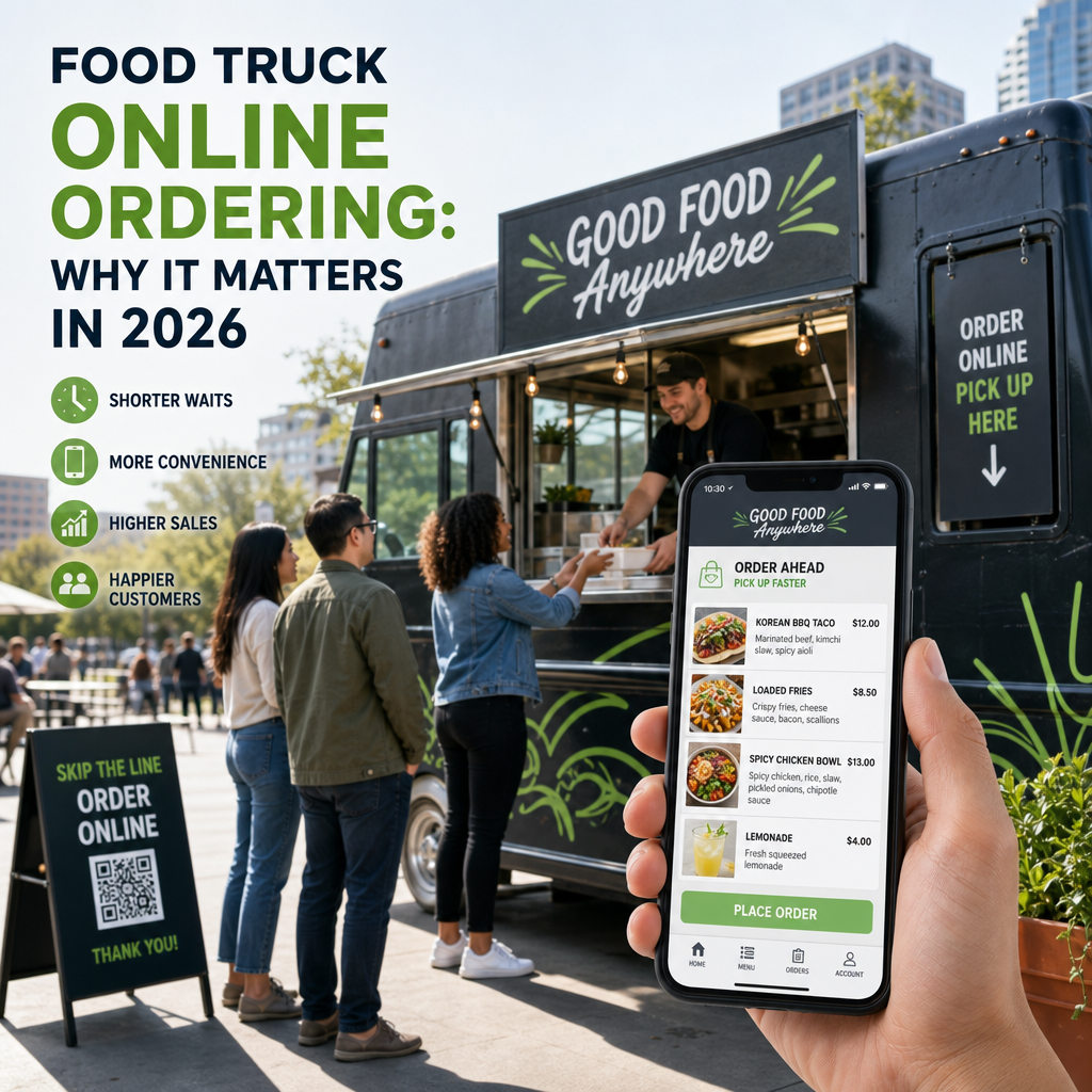 Food truck customer scanning a QR code to place an online order on a mobile phone.