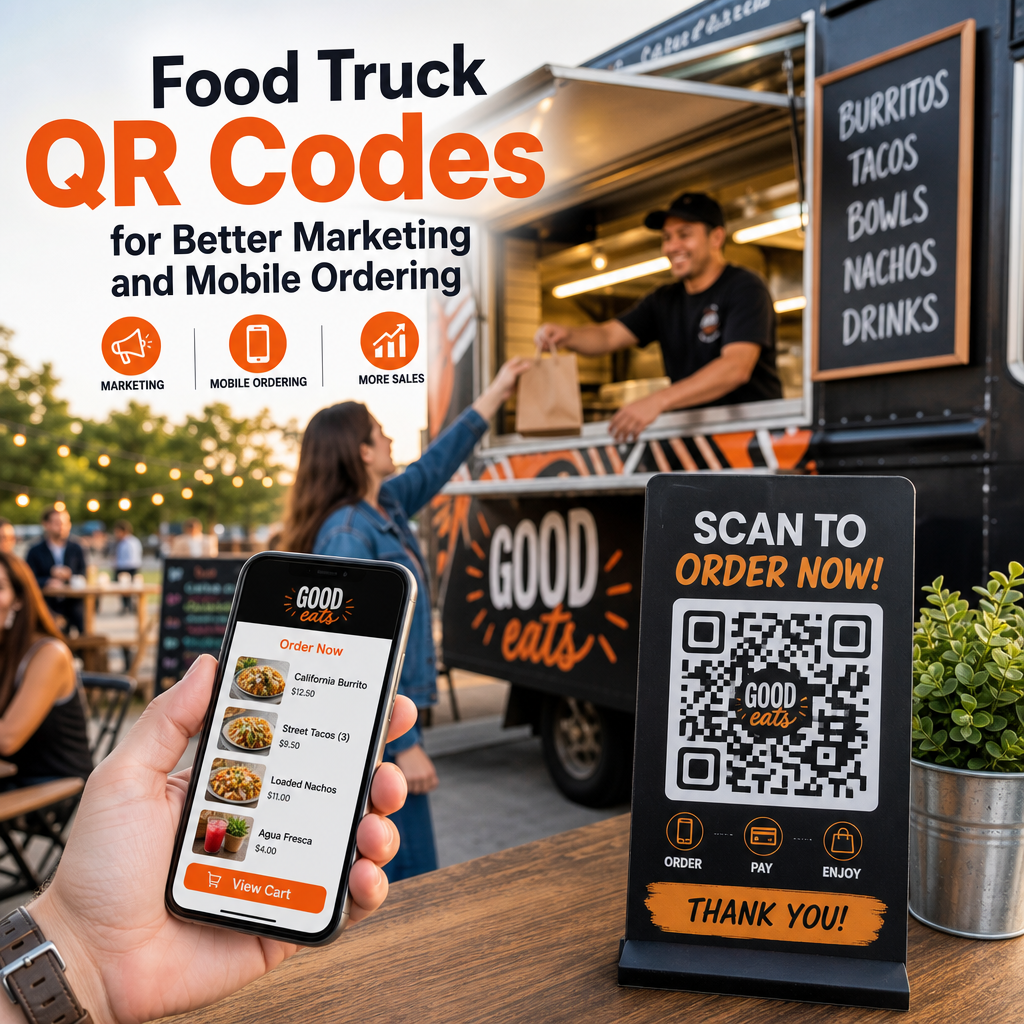 Food truck with QR code signs for mobile ordering and digital menu marketing