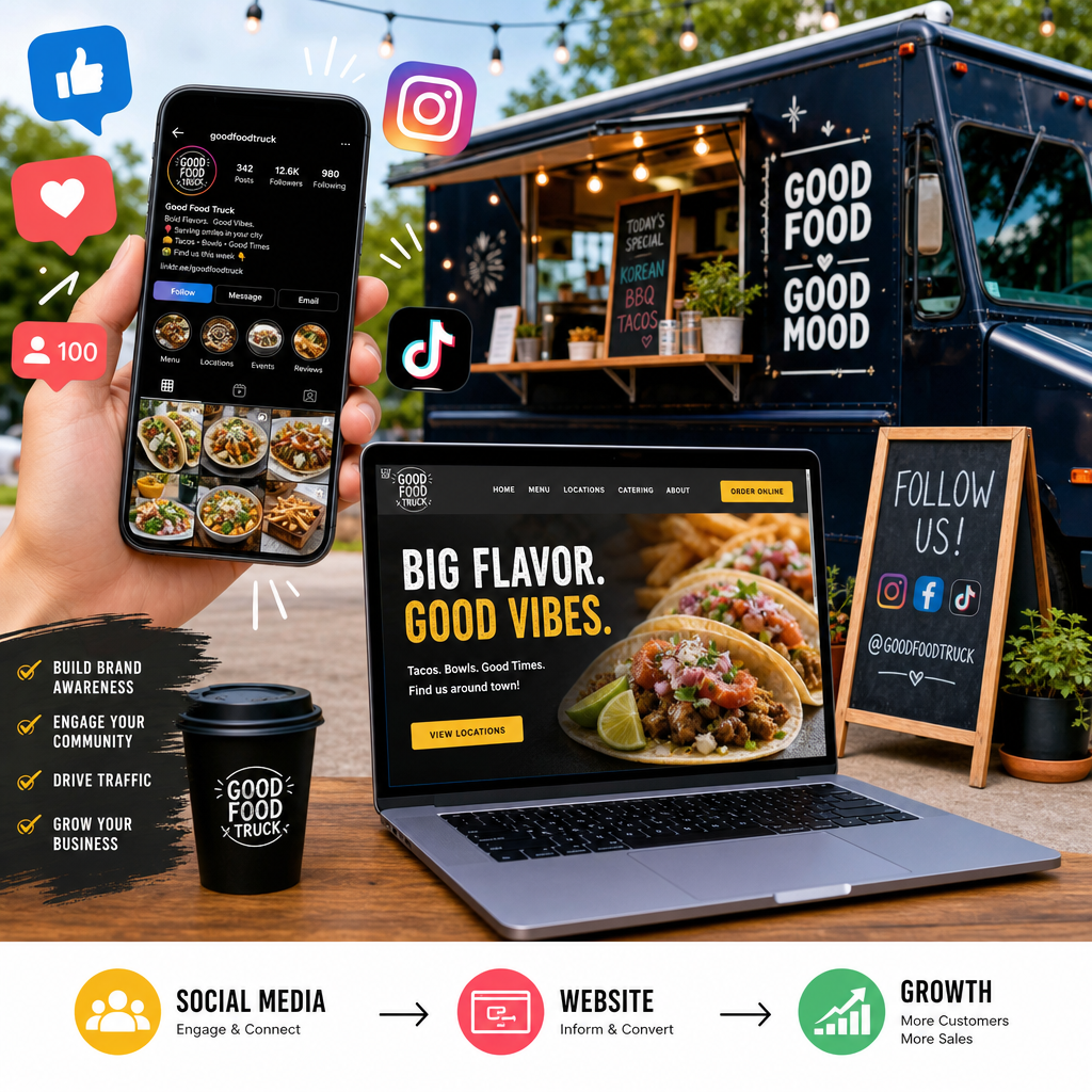 Food truck marketing graphic with social media icons, website growth chart, and mobile-friendly branding elements