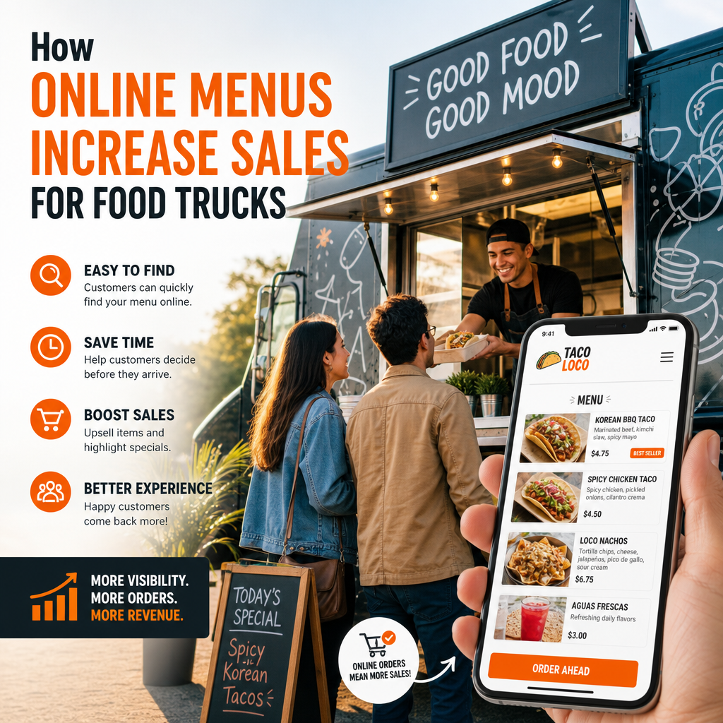 Infographic showing how online menus boost food truck sales through visibility, time savings, and better customer experience.