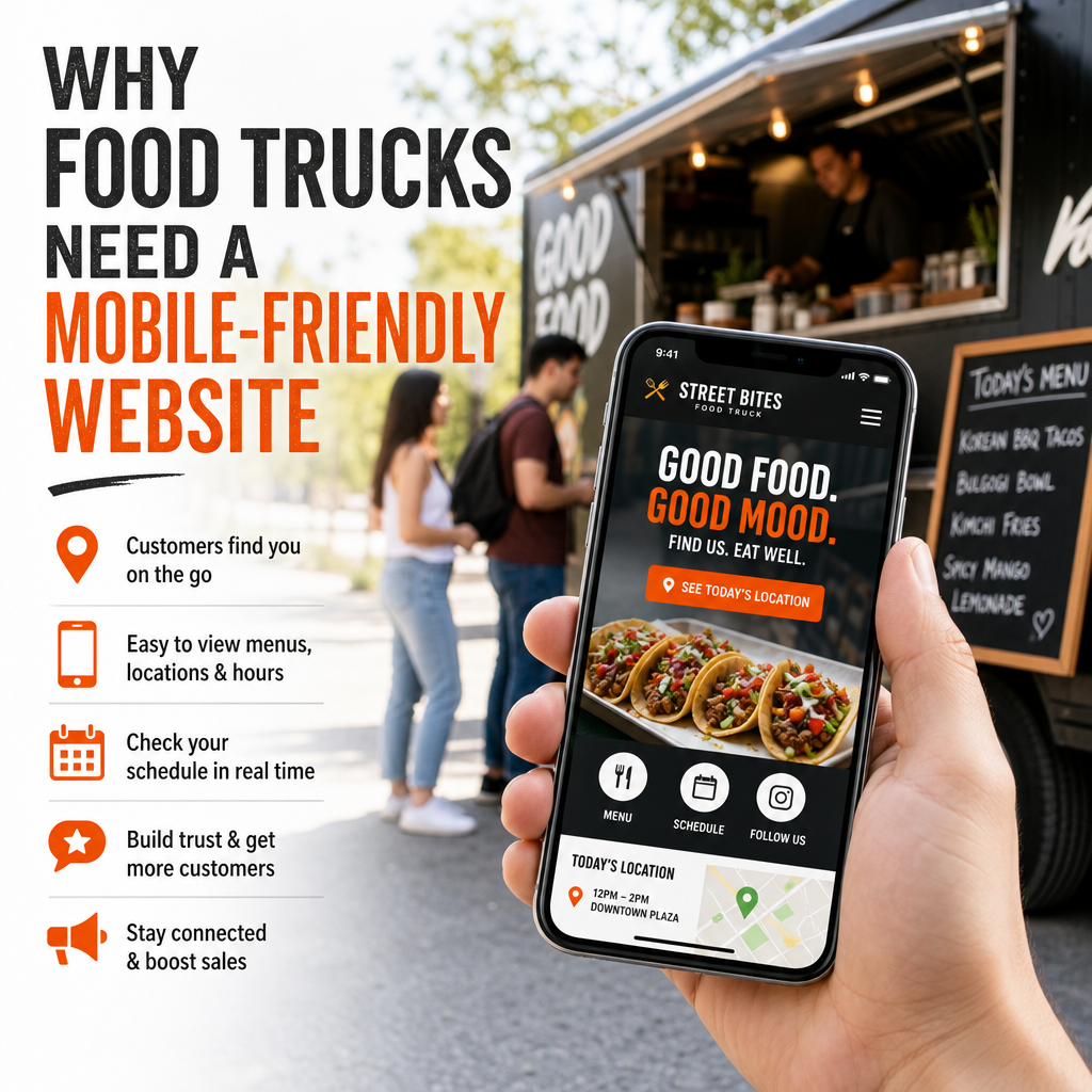 Food truck website displayed on a smartphone with menu and online ordering options